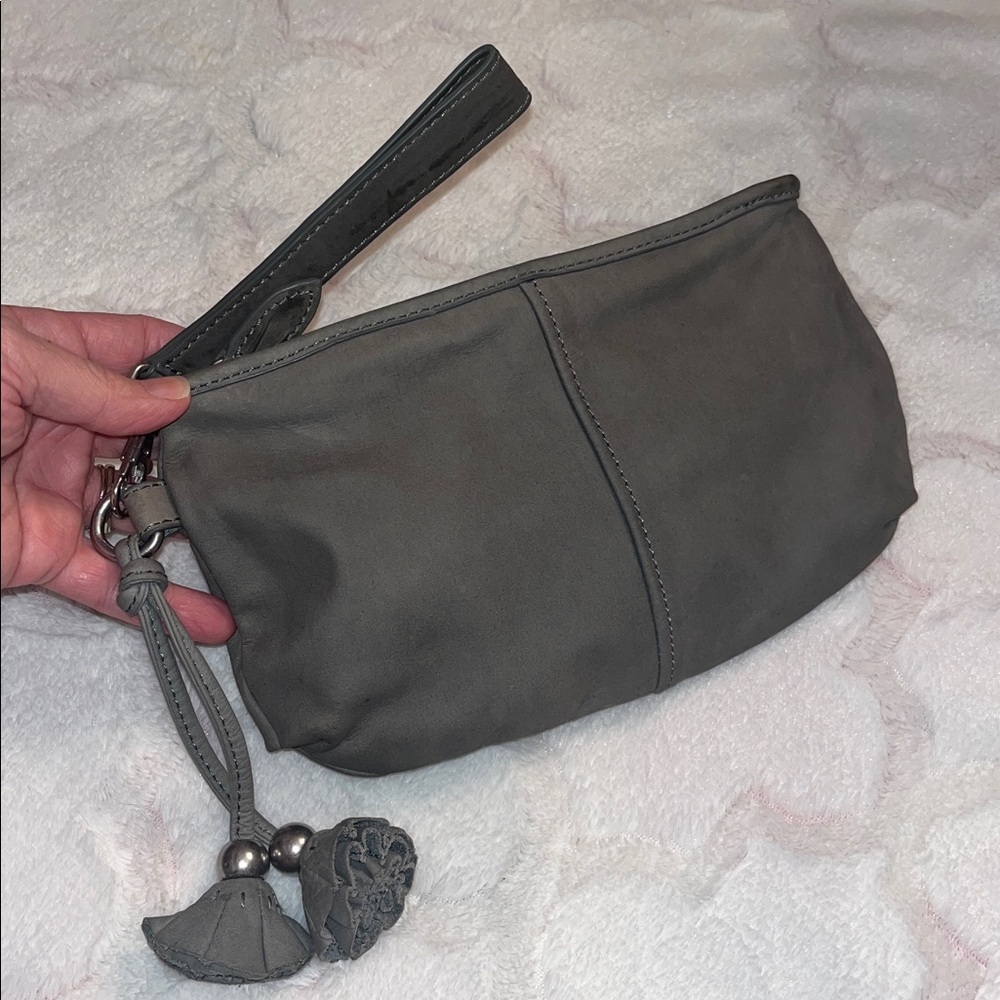 Ann Taylor LOFT Soft Leather Wristlet Clutch with Flower Charm Detail